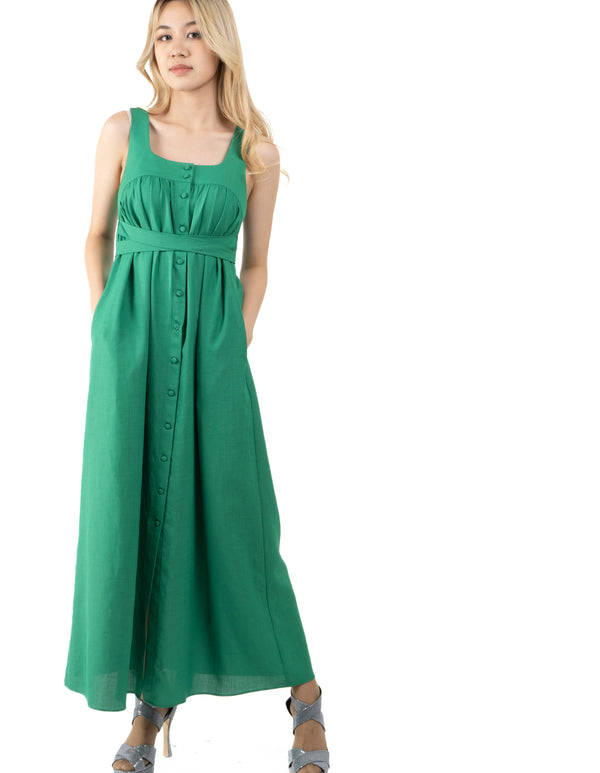 5305D Long green dress, no sleeves, button front and waist tie at the back.