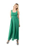 5305D Long green dress, no sleeves, button front and waist tie at the back.