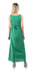 5305D Long green dress, no sleeves, button front and waist tie at the back.