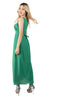 5305D Long green dress, no sleeves, button front and waist tie at the back.