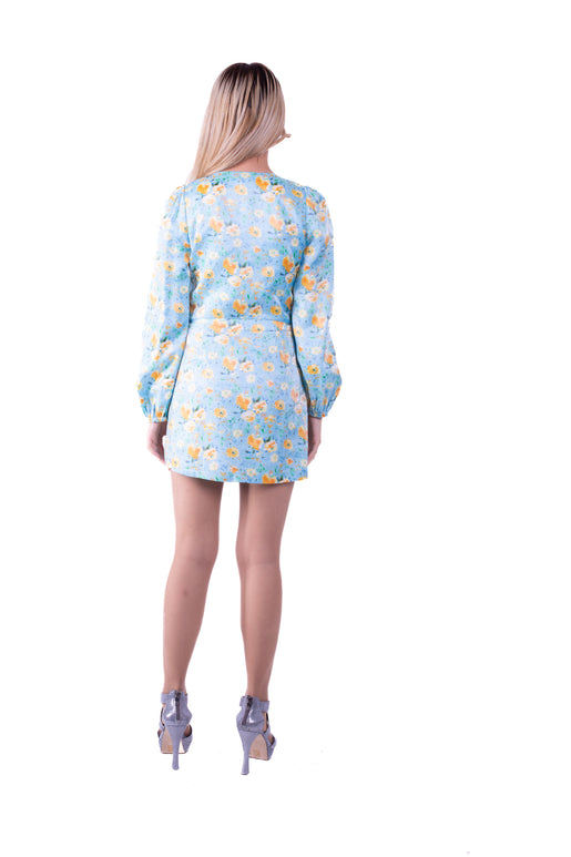 5310K-Blue floral mini skirt,side zip, waistband