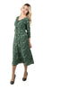 5353D-Green floral print long dress,four-quarter length sleeves,button front Drawstring atthe back