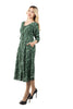 5353D-Green floral print long dress,four-quarter length sleeves,button front Drawstring atthe back