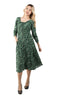 5353D-Green floral print long dress,four-quarter length sleeves,button front Drawstring atthe back