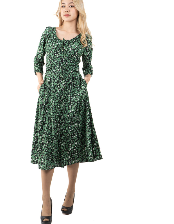 5353D-Green floral print long dress,four-quarter length sleeves,button front Drawstring atthe back