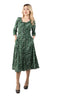 5353D-Green floral print long dress,four-quarter length sleeves,button front Drawstring atthe back