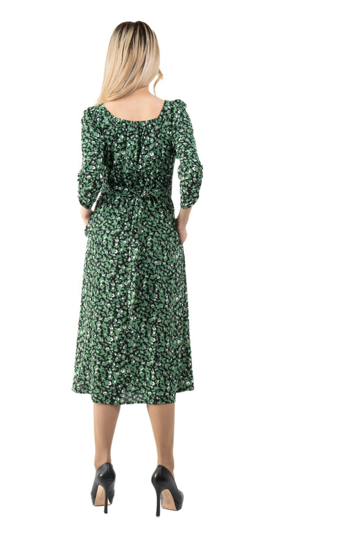 5353D-Green floral print long dress,four-quarter length sleeves,button front Drawstring atthe back