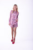 5360B-Long sleeve shirt pink printed satin fabric front button.