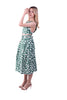 5390K-long green printed skirt buttoned front, elasticated waist bow tie on the back.