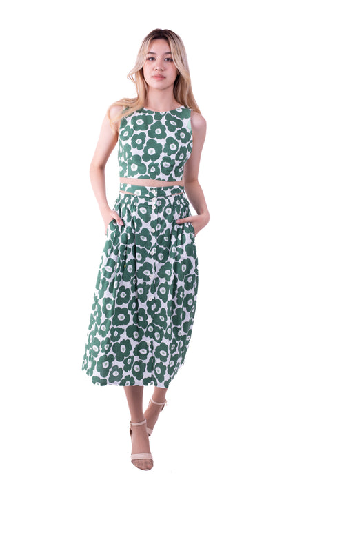 5390K-long green printed skirt buttoned front, elasticated waist bow tie on the back.