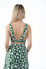 5390K-long green printed skirt buttoned front, elasticated waist bow tie on the back.