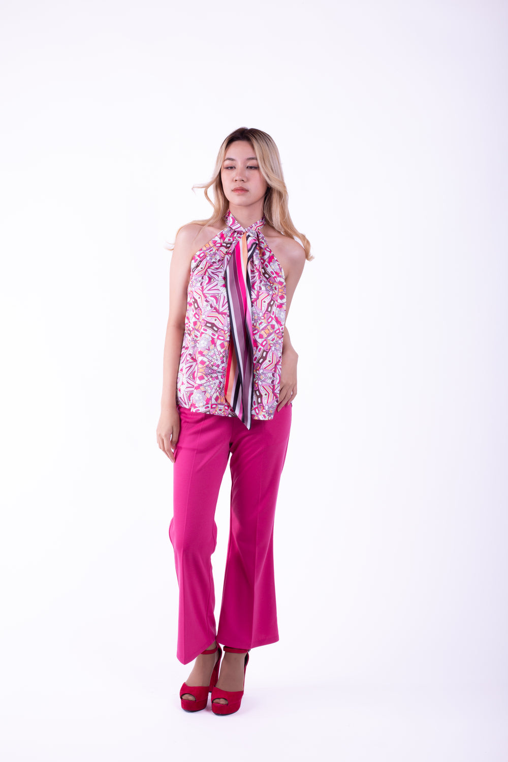 5420B-pink sleeveless shirt printed satin fabric with bow at neck.