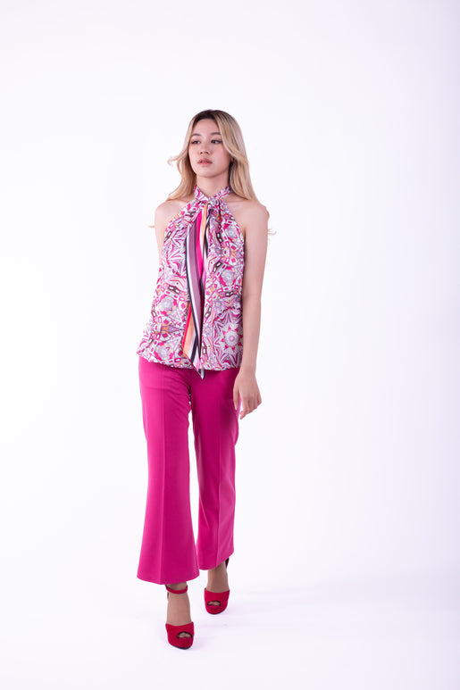 5420B-pink sleeveless shirt printed satin fabric with bow at neck.