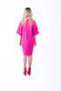 5444D-Pink short dress with collar, double sleeves, chest pocket and front button fastening.