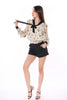 6006B Pussy Bow Ruffle In Velvet Printed Sheer Blouse Smock At Bottom Long Sleeve Full Lining