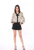 6006B Pussy Bow Ruffle In Velvet Printed Sheer Blouse Smock At Bottom Long Sleeve Full Lining