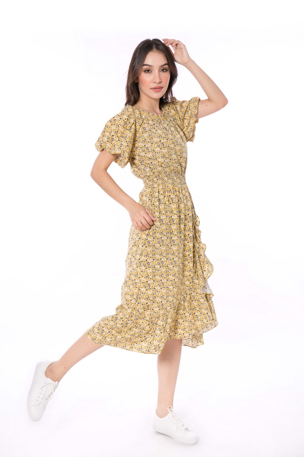 6008D Puffed Sleeve Asymmetrical Dress Floral Printed