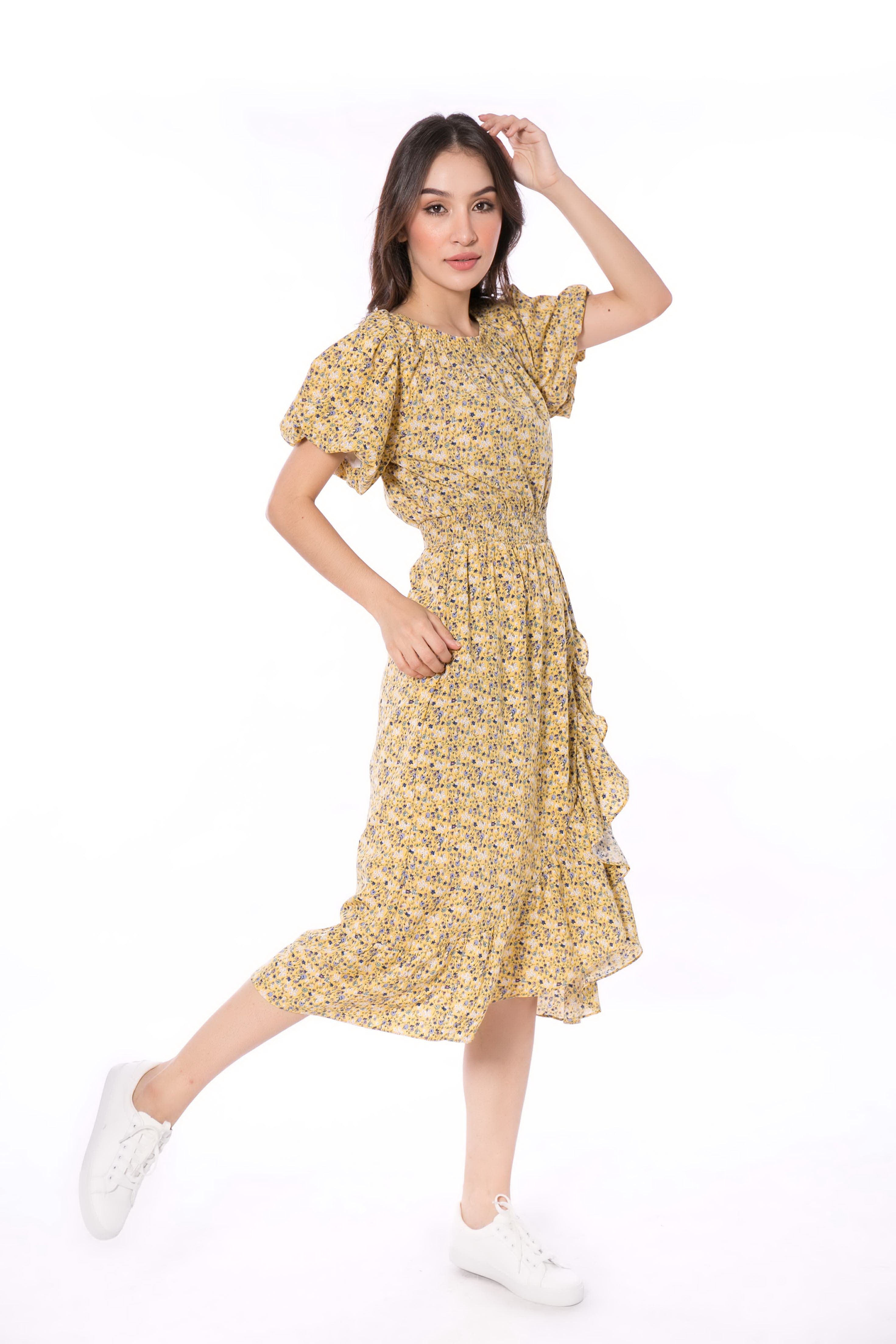6008D Puffed Sleeve Asymmetrical Dress Floral Printed