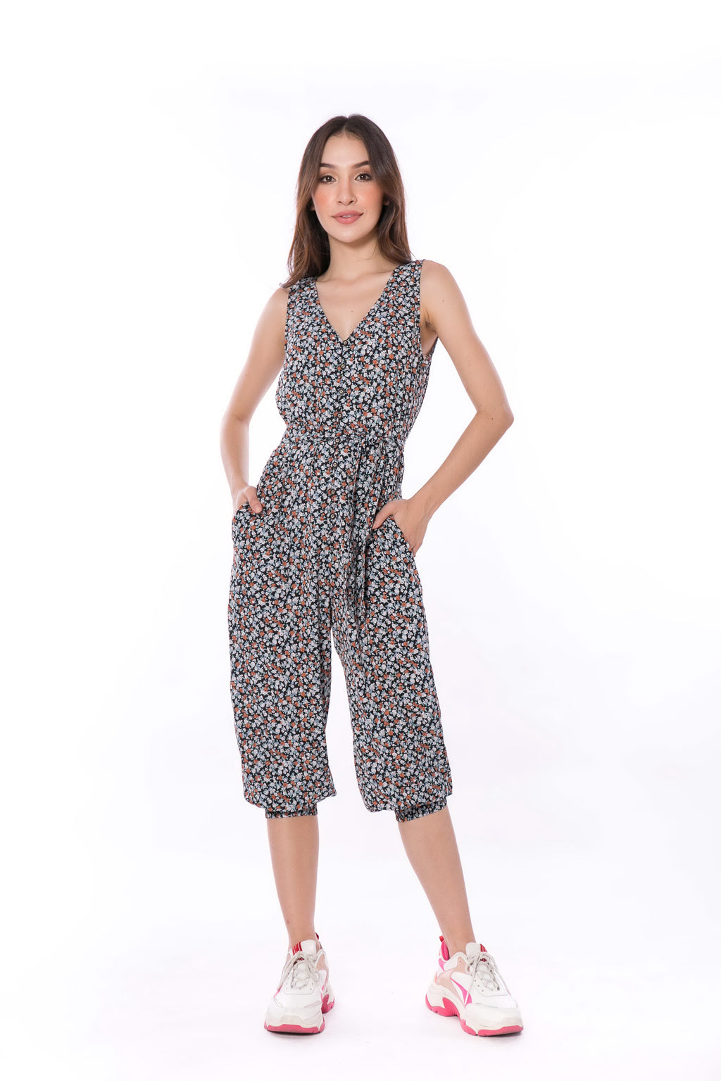 6010P Jump Midi Leg V-Neck Loose Jump Suit With Belt Self