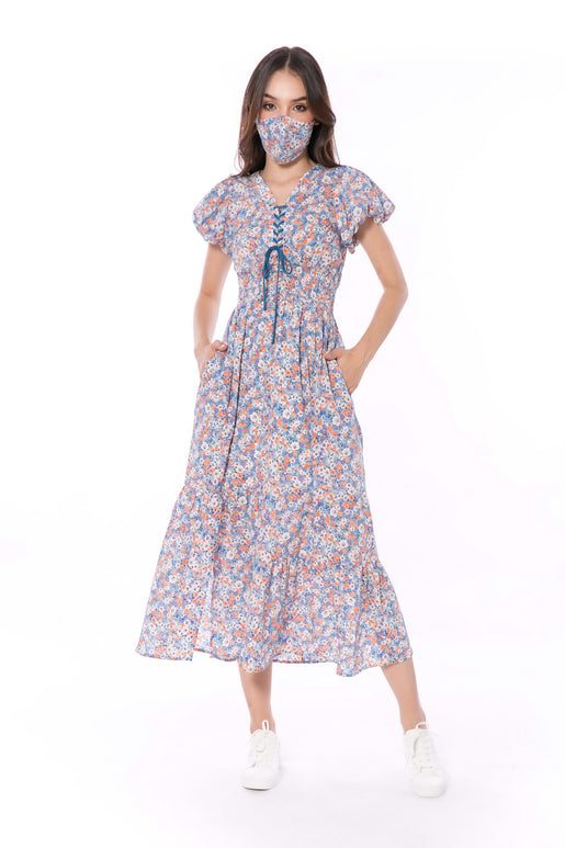 6013D Crossed Rope Dress Puffed Sleeve Free Mask