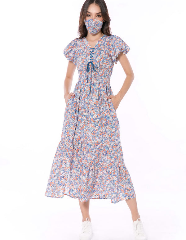 6013D Crossed Rope Dress Puffed Sleeve Free Mask