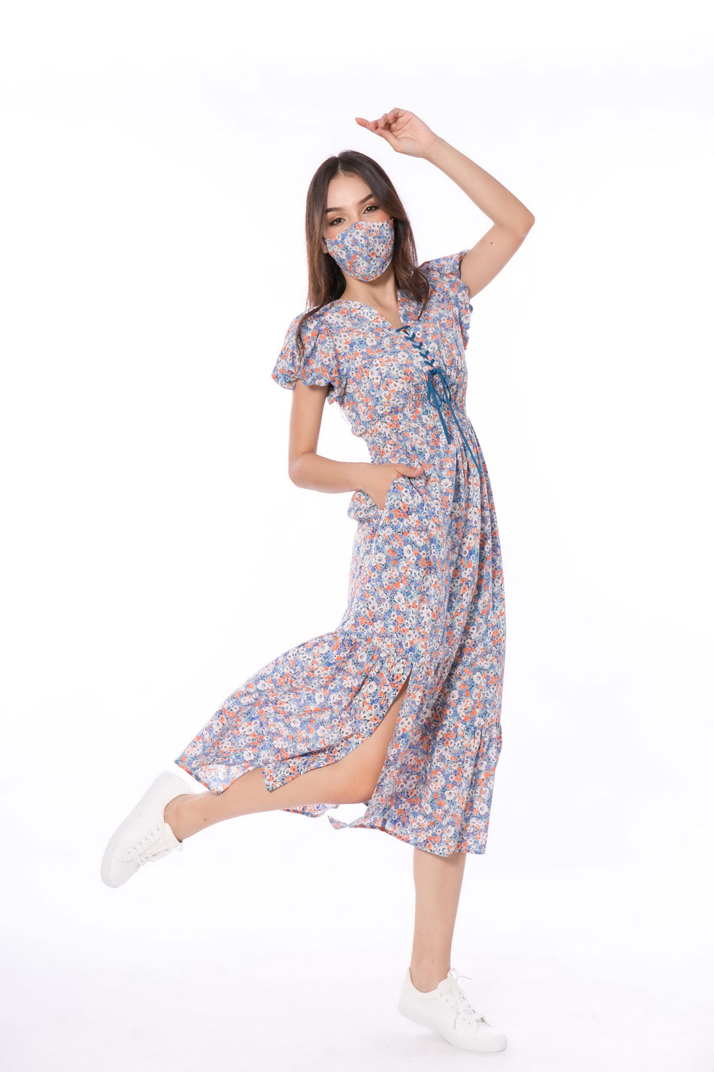 6013D Crossed Rope Dress Puffed Sleeve Free Mask