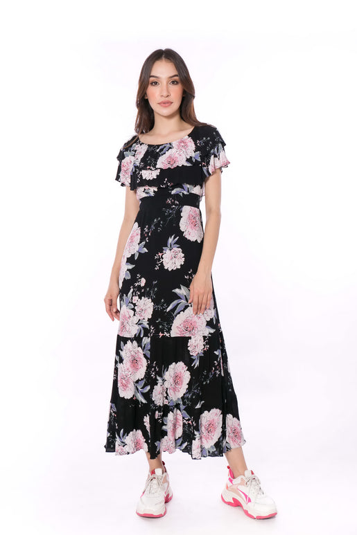 6016D Double Ruffled Pink Rose Maxi Dress