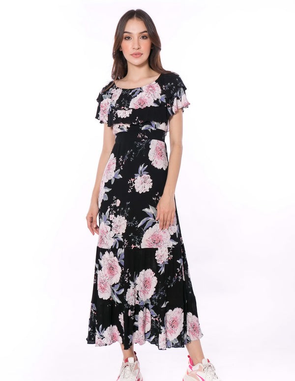 6016D Double Ruffled Pink Rose Maxi Dress