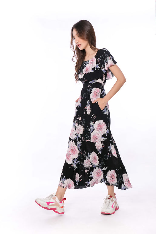 6016D Double Ruffled Pink Rose Maxi Dress