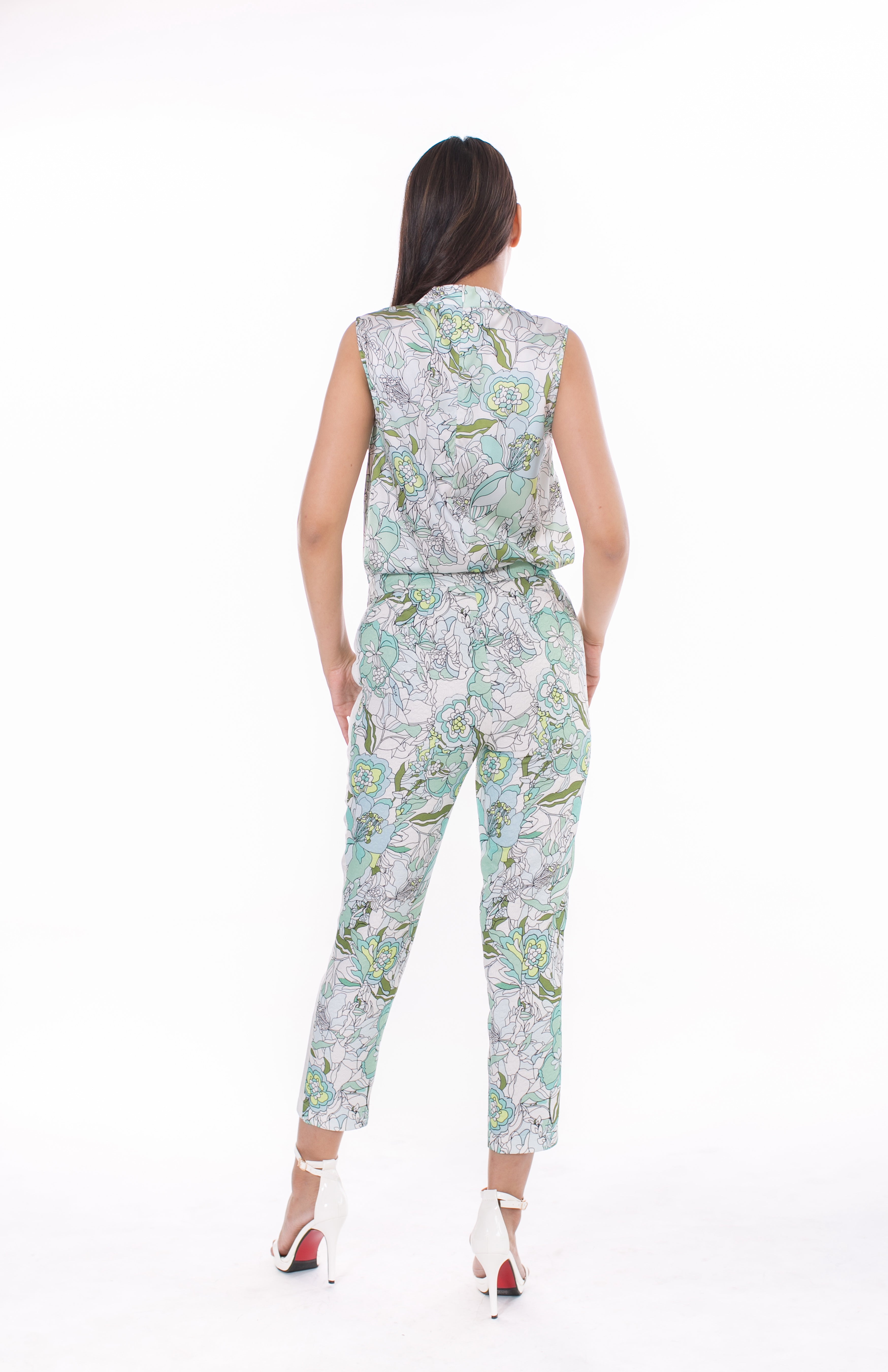 6040B High Collar Sleeveless In Satin Printed Green