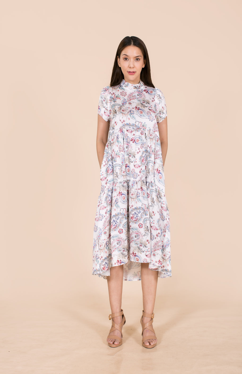 6028D High Collar Loose Dress Satin Printed Paisley Asymmetrical Hem