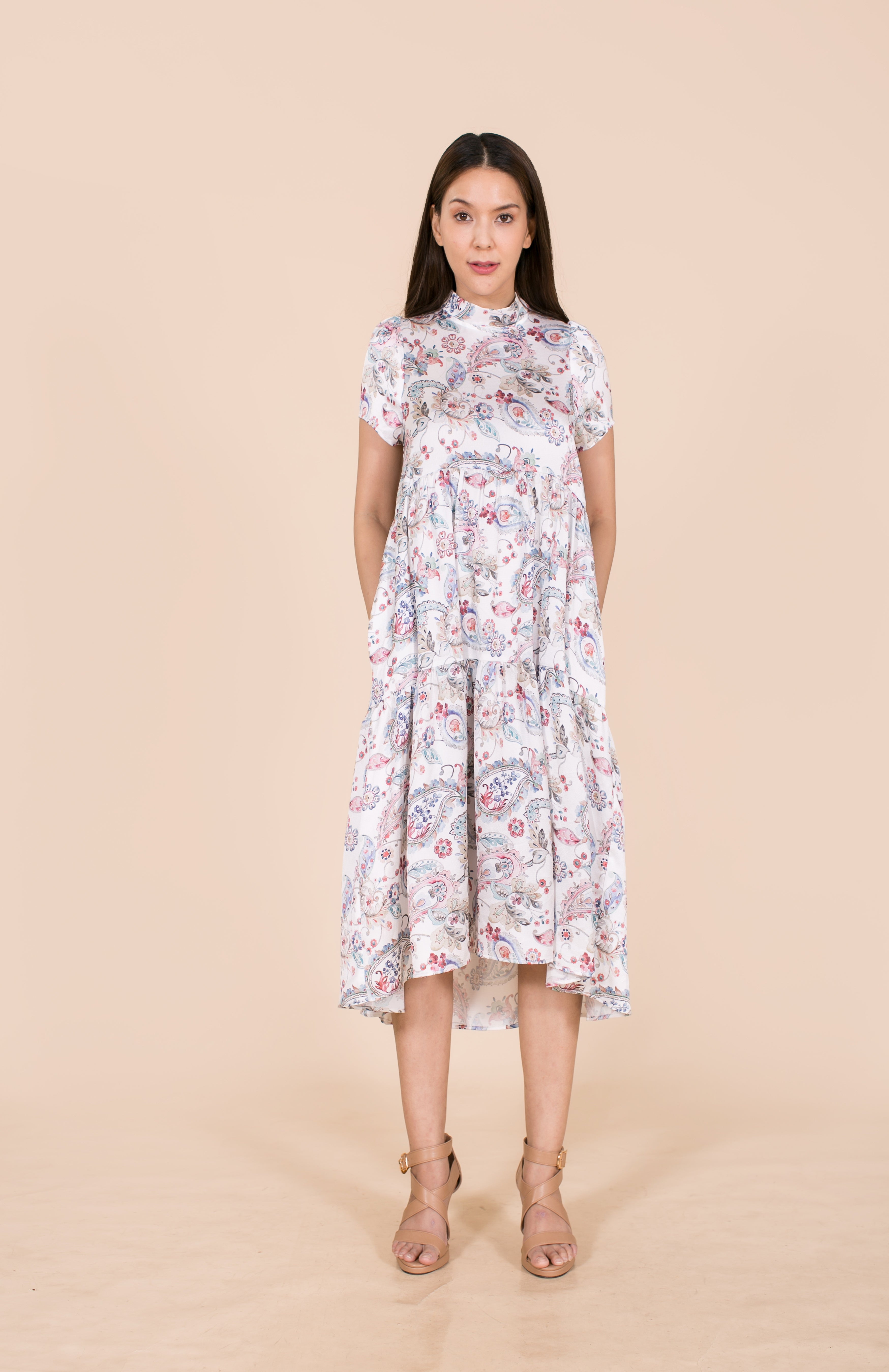 6028D High Collar Loose Dress Satin Printed Paisley Asymmetrical Hem
