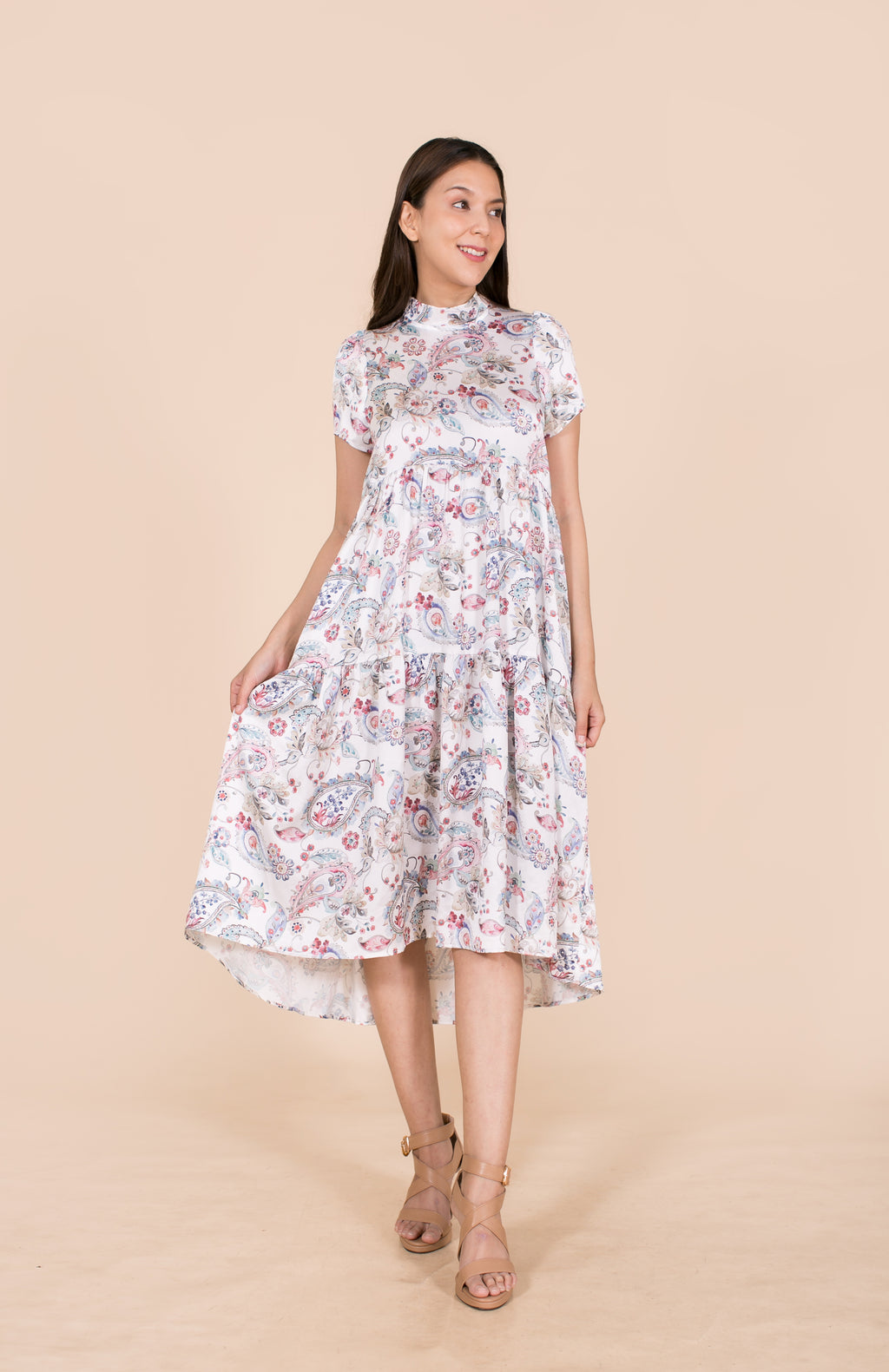 6028D High Collar Loose Dress Satin Printed Paisley Asymmetrical Hem