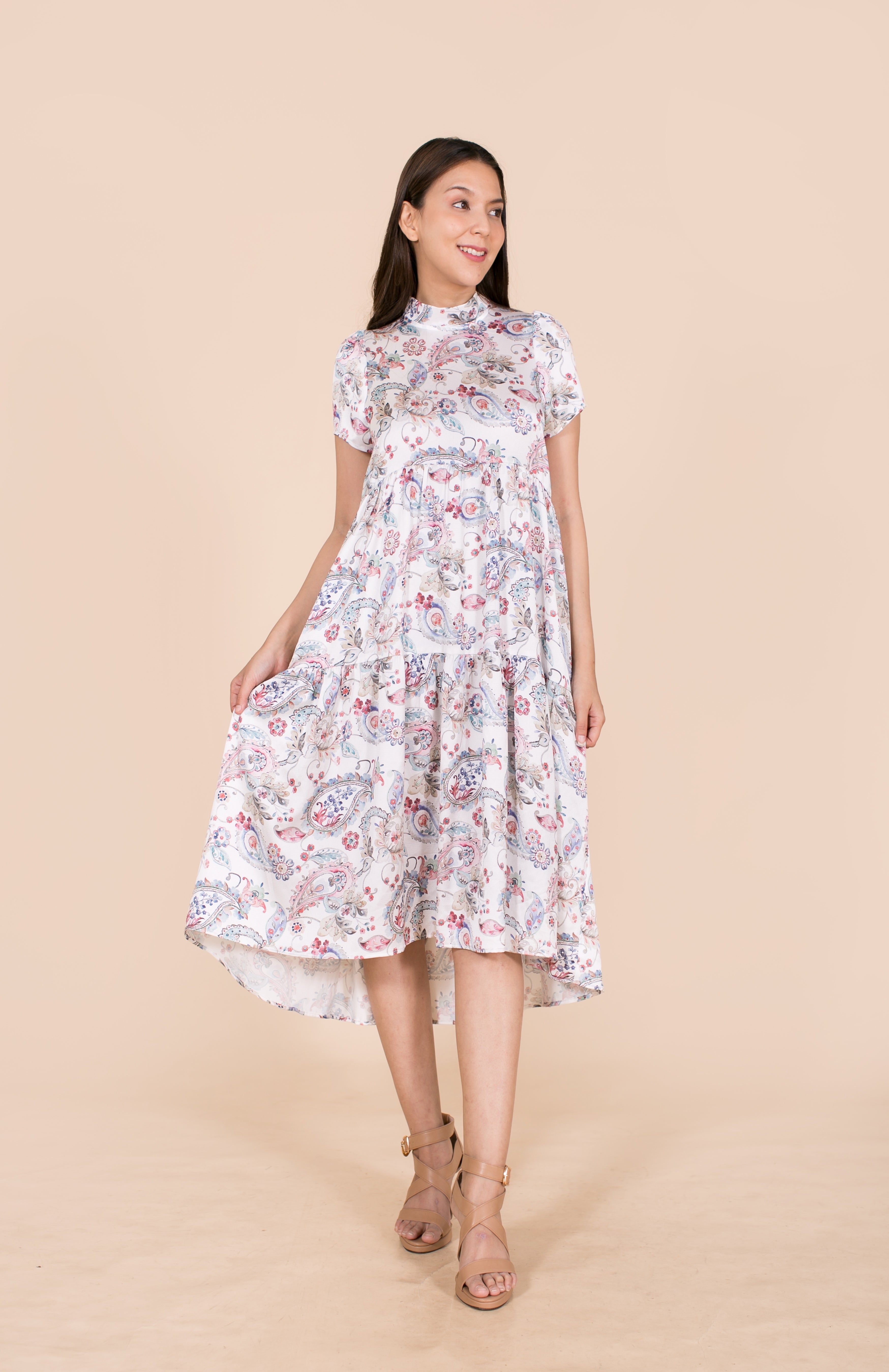 6028D High Collar Loose Dress Satin Printed Paisley Asymmetrical Hem