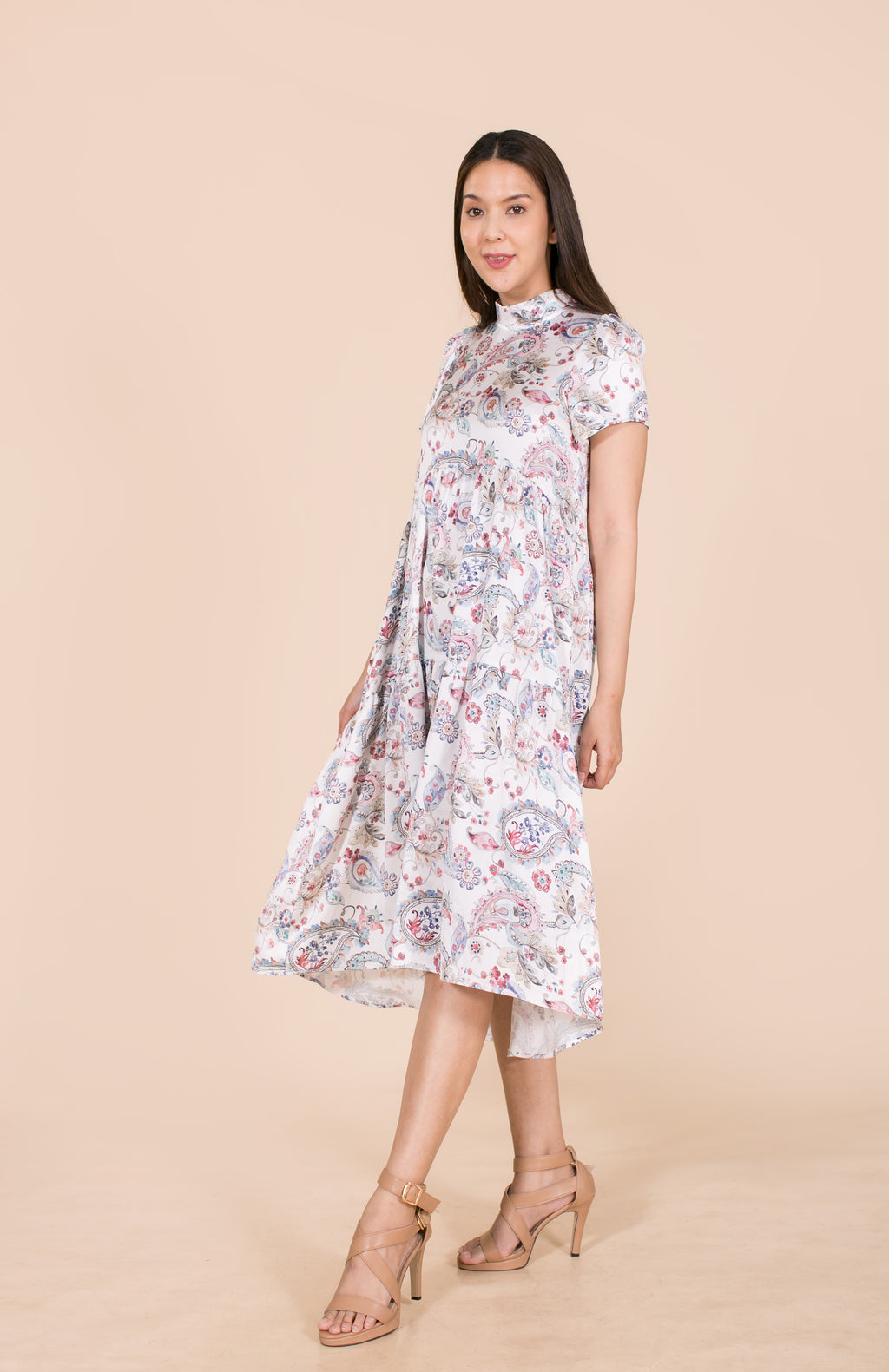 6028D High Collar Loose Dress Satin Printed Paisley Asymmetrical Hem