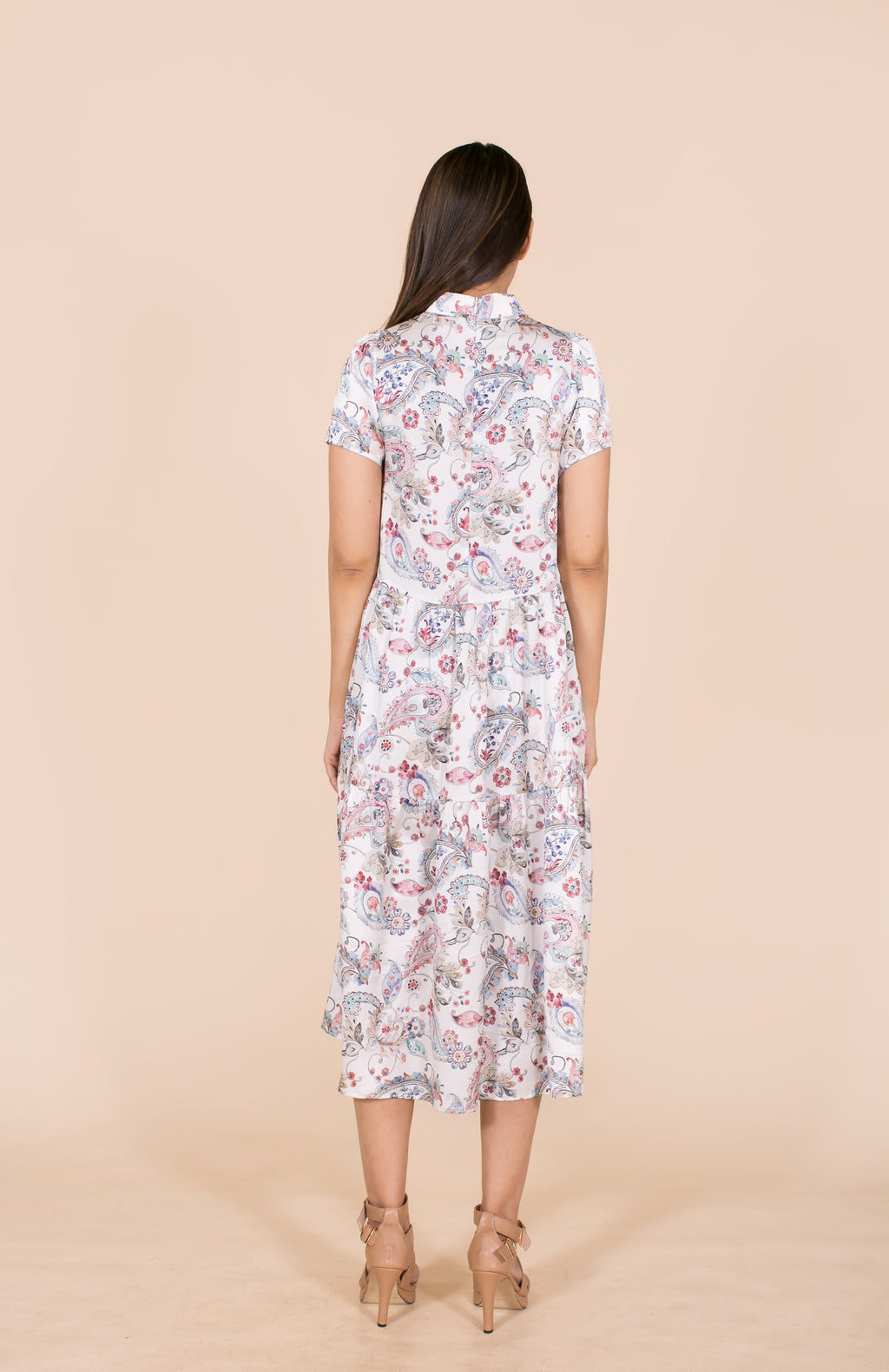 6028D High Collar Loose Dress Satin Printed Paisley Asymmetrical Hem