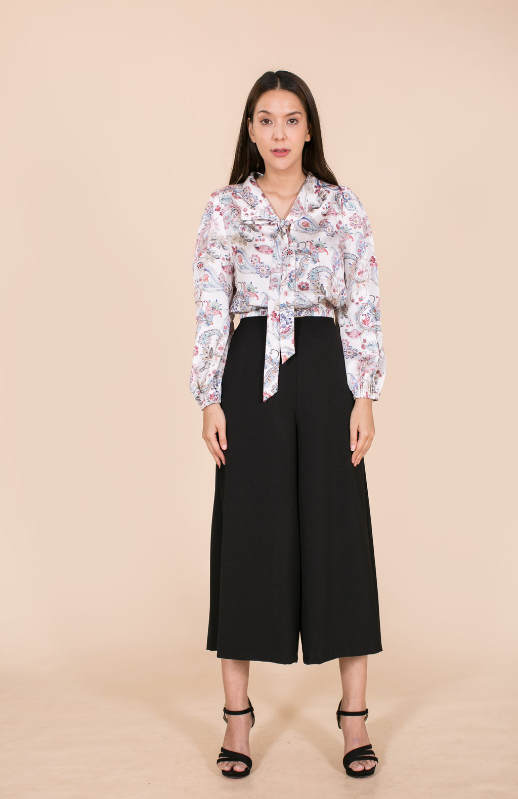 6029B Bow Tie Long Sleeve Crop Blouse With Satin Printed Paisley