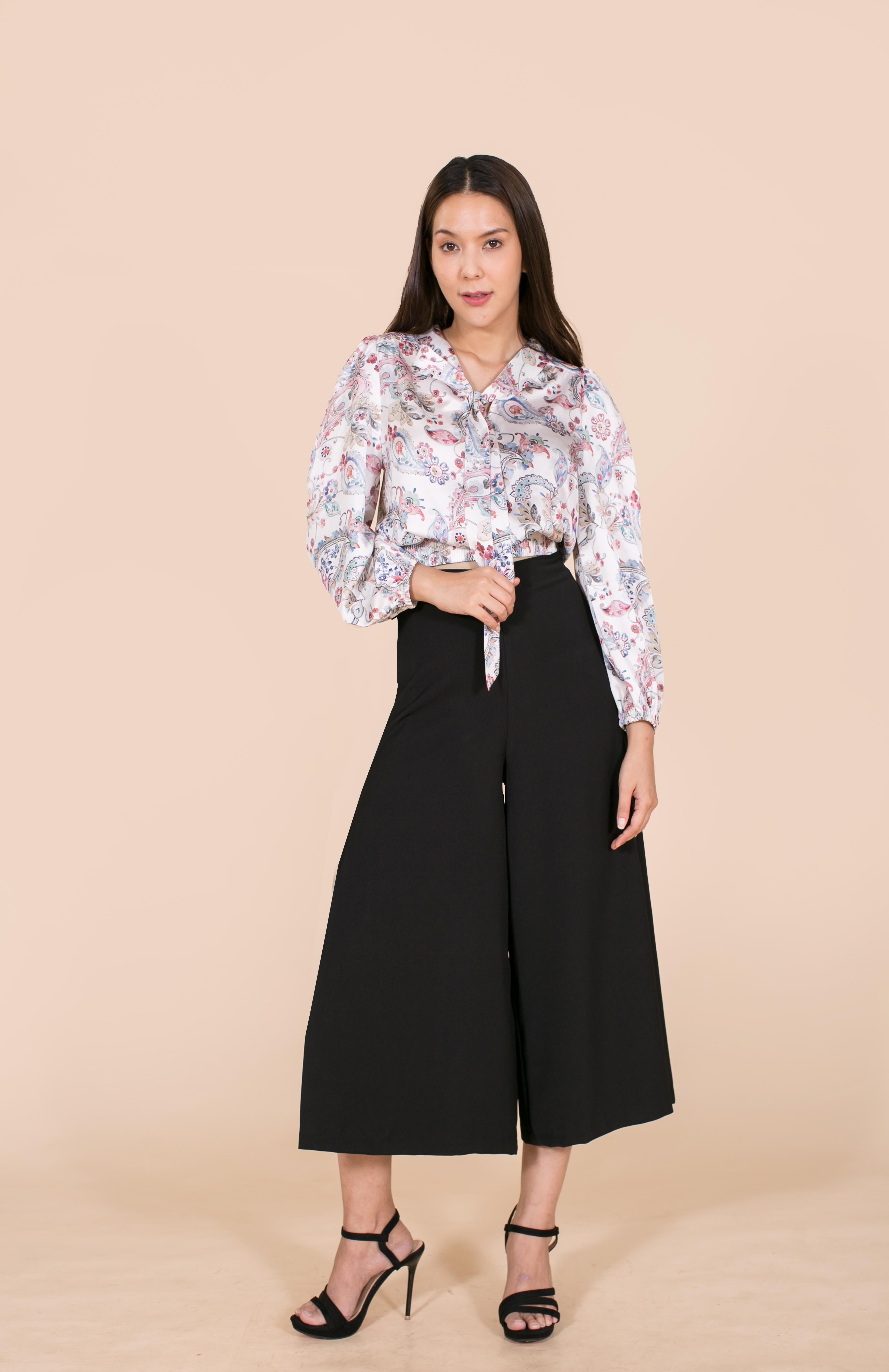 6029B Bow Tie Long Sleeve Crop Blouse With Satin Printed Paisley