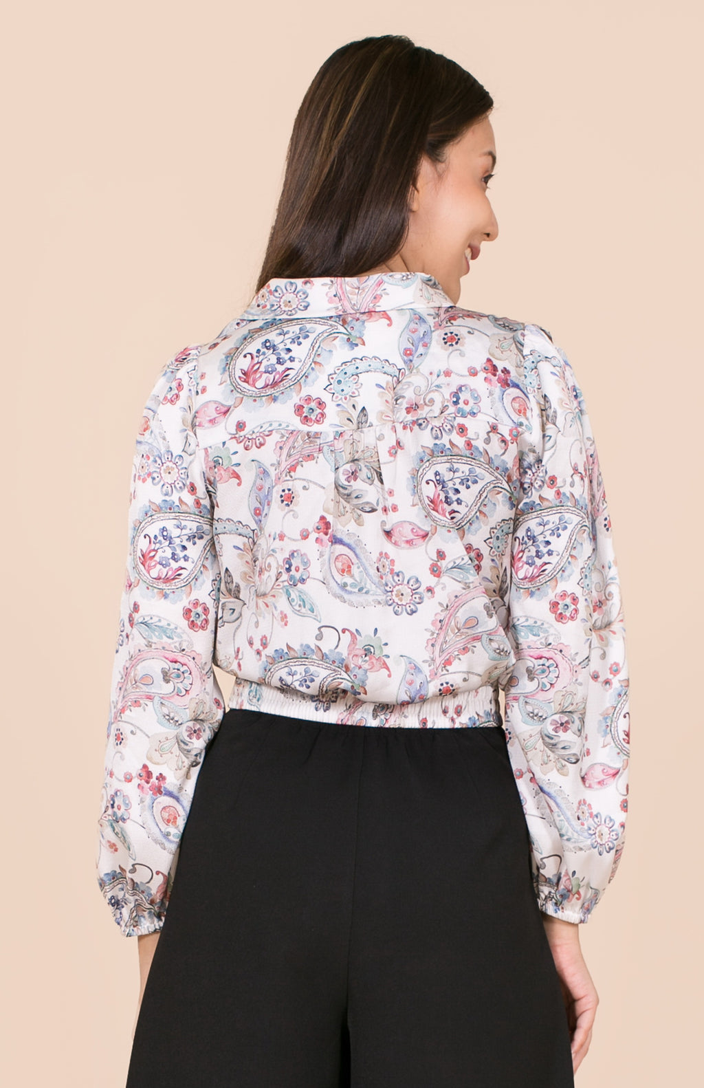 6029B Bow Tie Long Sleeve Crop Blouse With Satin Printed Paisley