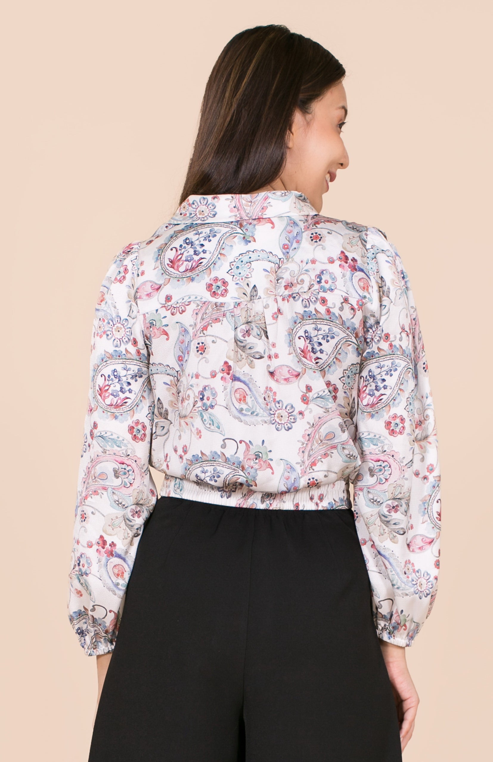6029B Bow Tie Long Sleeve Crop Blouse With Satin Printed Paisley