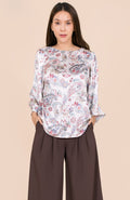 6030B Round Neck Puffed Sleeve Satin Printed Paisley Blouse