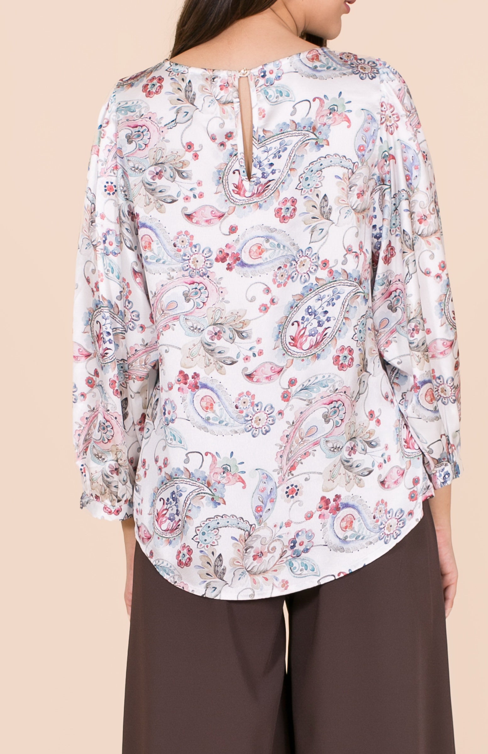 6030B Round Neck Puffed Sleeve Satin Printed Paisley Blouse