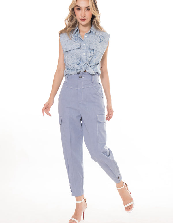 5220B Linen Paisley Printed Blue Shirt Sleeveless