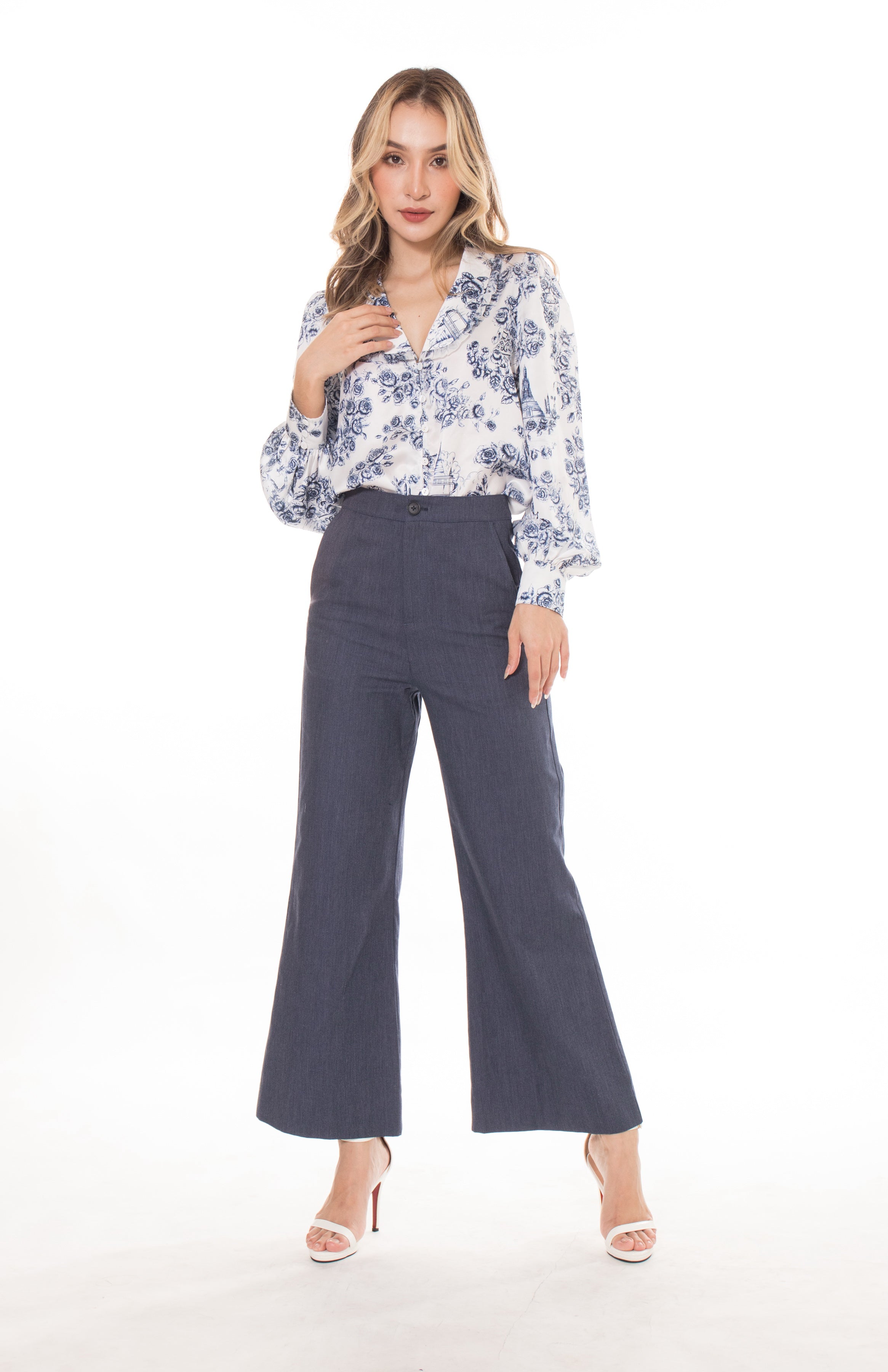 5226B Ruffed Collar Long Sleeve Indigo Rose Mixx Printed In Soft Satin Blouse