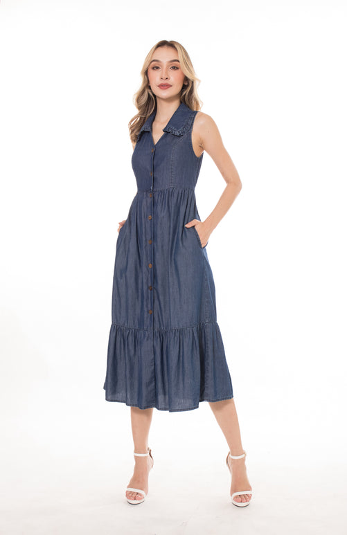 5135D Ruffed Collar V-Neck Button Dawn Cotton Tencel Denim Dress