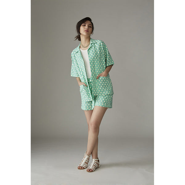 4470P GR   Linen Polka Dot Printed Short With Self Belt