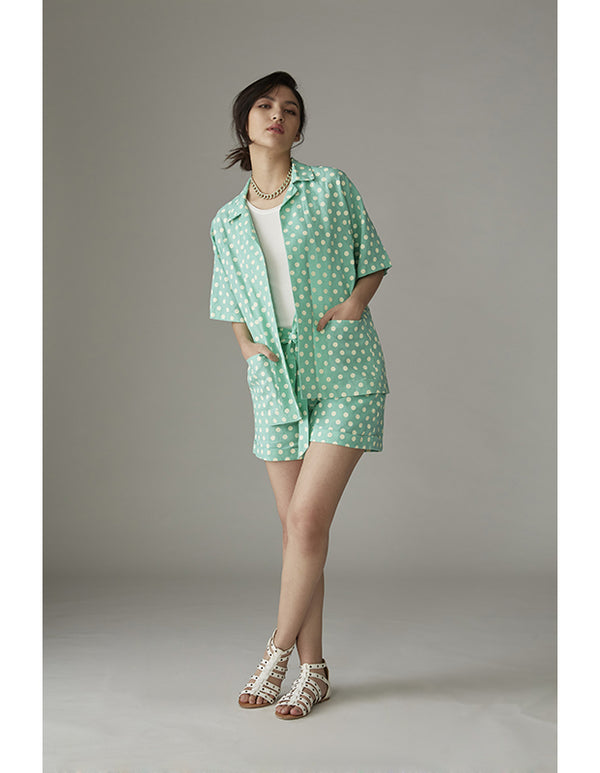 4470P GR   Linen Polka Dot Printed Short With Self Belt